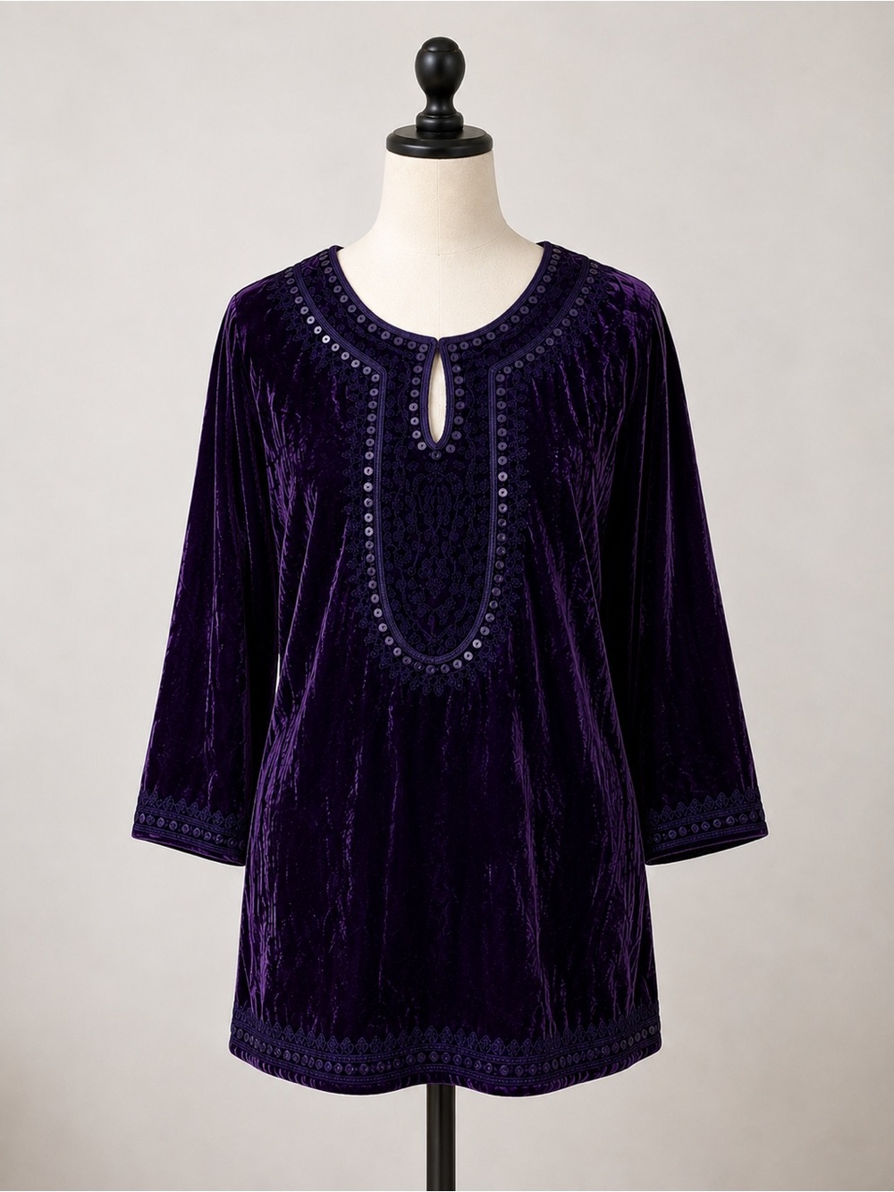 Chico’s Purple Velvet Tunic Top Embroidered Beaded Boho NWT